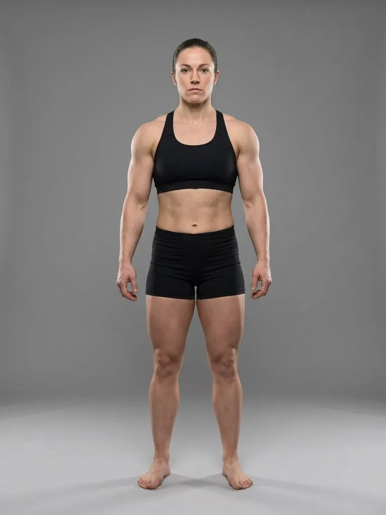 Synthetic test subject: an athletic woman in a sports bra and shorts, studio lighting, front pose. Not a real person — generated by an image model for calibration testing.