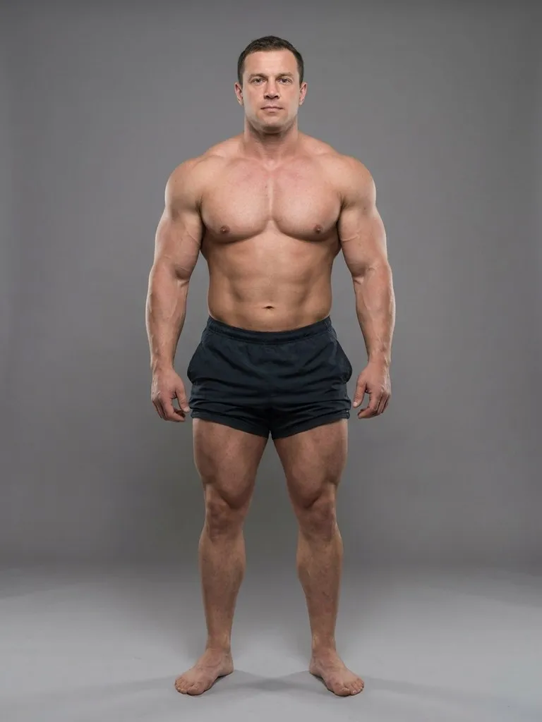 Synthetic test subject: a muscular athletic man in shorts, studio lighting, front pose. Not a real person — generated by an image model for calibration testing.