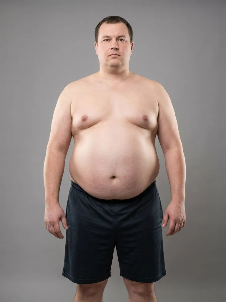 Synthetic test subject: an overweight man in athletic shorts, studio lighting, front pose. Not a real person — generated by an image model for calibration testing.